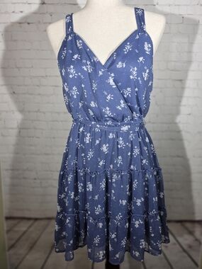 Altar'd State Navy Blue Floral Tiered Mini Dress - Size Large - Boho Faux Wrap